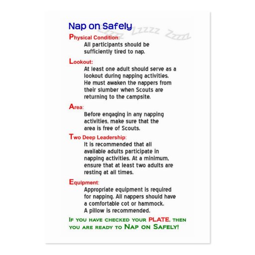 "Nap on Safety" Training Cards Business Cards (front side)