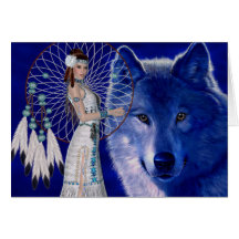 Native American Woman & Blue Wolf Design Greeting Card