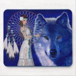 Native American Woman & Blue Wolf Design Mousepad