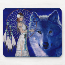 Native American Woman & Blue Wolf Design mousepads by mrssocolov4 Native American Woman & Blue Wolf Design mousepads