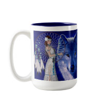 Native American Woman & Blue Wolf Design Coffee Mugs