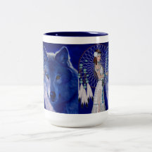 Native American Woman & Blue Wolf Design Coffee Mugs