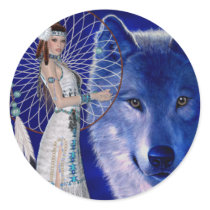 Native American Woman & Blue Wolf Design stickers by mrssocolov4 Native American Woman & Blue Wolf Design stickers