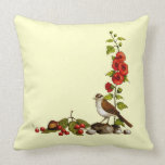 Nature Border in Color Pencil: Bird, Hollyhocks Pillow