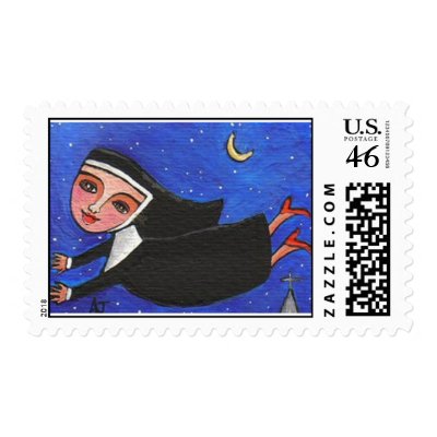 Naughty Flying Nun in her Red Heels - Postage Stam by folkartblonde