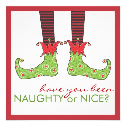 Naughty or Nice Elf Feet Holiday Christmas Party Custom Invite (front side)