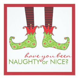 Naughty or Nice Elf Feet Holiday Christmas Party 5.25x5.25 Square Paper Invitation Card