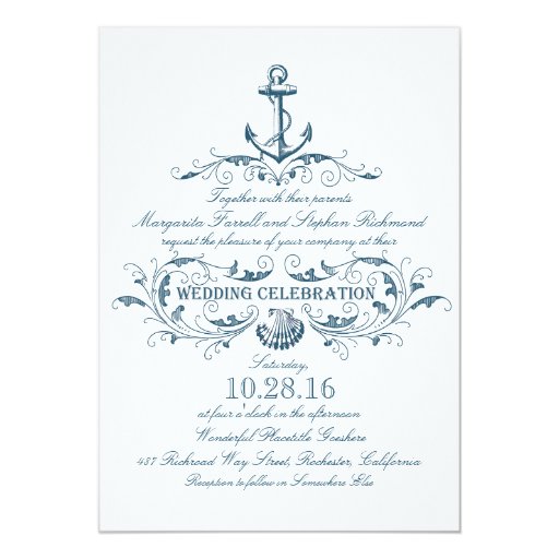 nautical anchor and seashell beach wedding invites