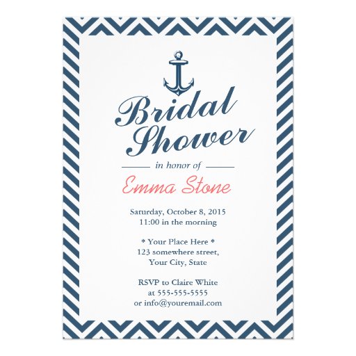 Nautical Anchor Blue Chevron Stripes Bridal Shower Custom Invitations