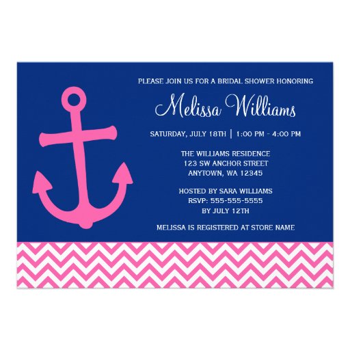 Nautical Anchor Chevron Blue Pink Bridal Shower Custom Invitations
