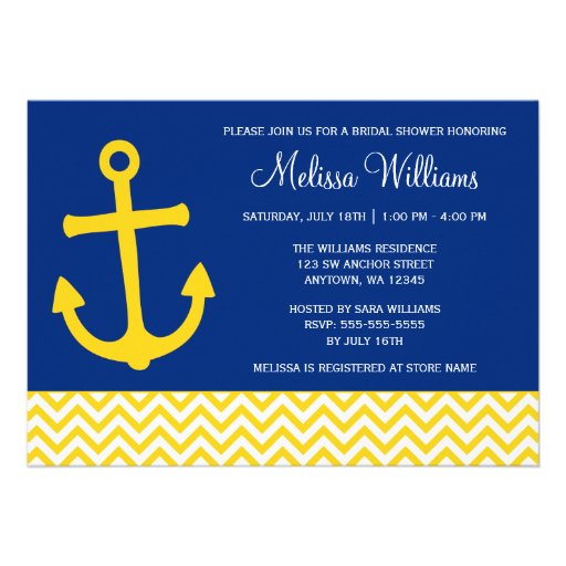 Nautical Anchor Chevron Blue Yellow Bridal Shower Custom Invites