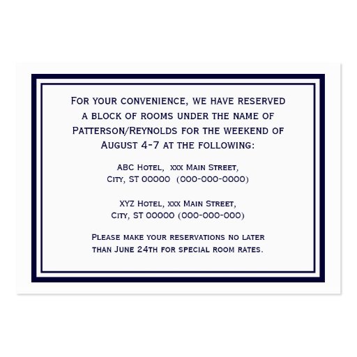 Nautical Anchor Navy Blue Framed 2 Accommodations Business Card (back side)