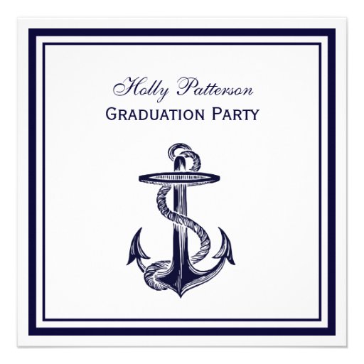 Nautical Anchor Navy Blue Framed 2SQ Graduation Personalized Invites