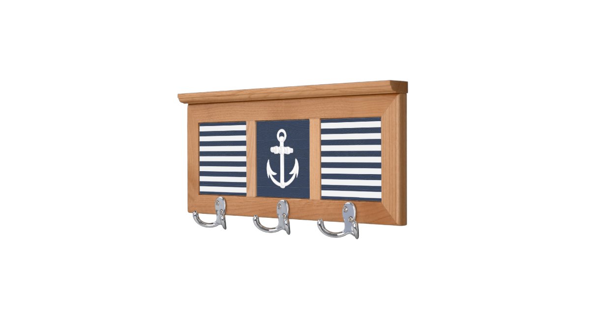 Nautical Anchor Navy Blue/White Wall Mounted Coat Rack Zazzle