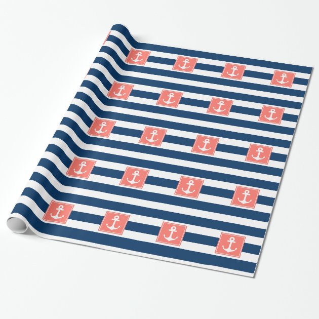 Nautical Anchor Navy Stripes for All Purpose. Wrapping Paper 1/4