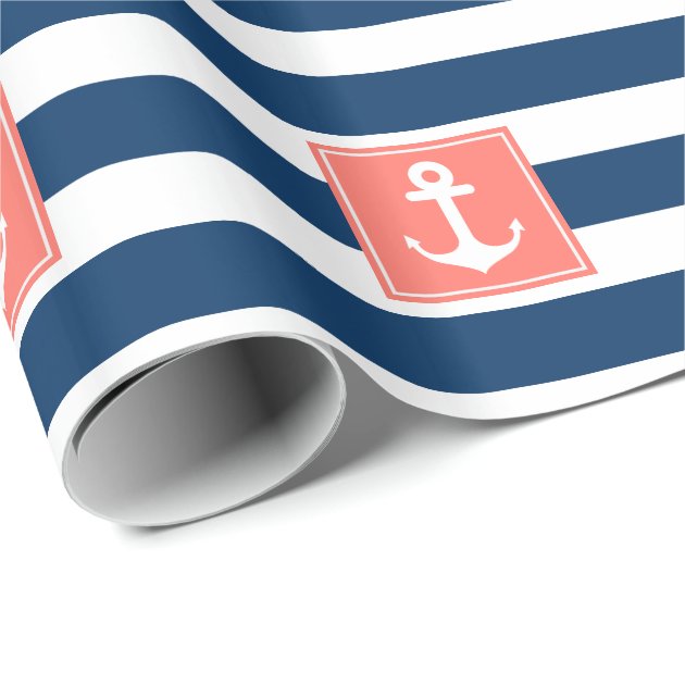 Nautical Anchor Navy Stripes for All Purpose. Wrapping Paper 3/4