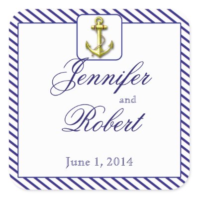 Nautical Anchor on Blue Stripe Envelope Seal Square Stickers