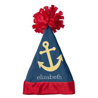 Nautical Anchor with Navy Yellow Chevron Pattern Santa Hat