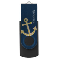 Nautical Anchor with Navy Yellow Chevron Pattern Swivel USB 2.0 Flash Drive