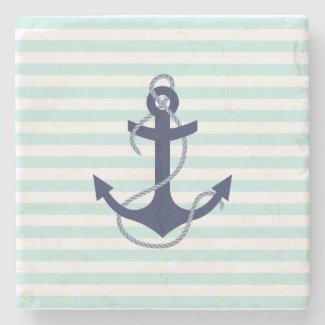 Nautical Aqua & White Stripes Navy Blue Anchor Stone Beverage Coaster