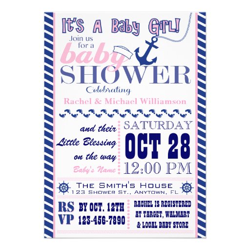 Nautical Baby Girl Baby Shower Invitation (front side)