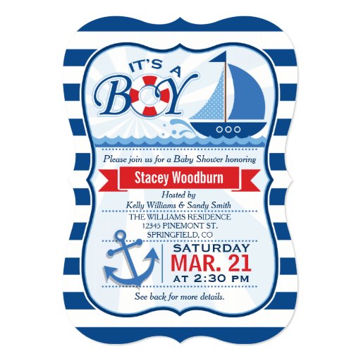 Nautical Baby Shower; Blue & White Stripes Personalized Announcement (front side)