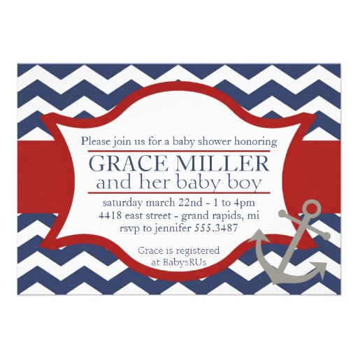 Nautical Baby Shower Invite. Navy blue and red. (front side)