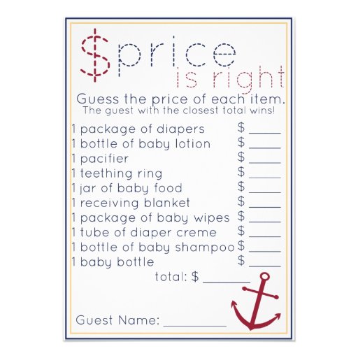Nautical Baby Shower Price Is Right Game Personalized Announcements