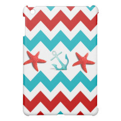 Nautical Beach Red Teal Chevron Anchors Starfish iPad Mini Cover
