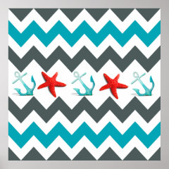Nautical Beach Theme Chevron Anchors Starfish Poster