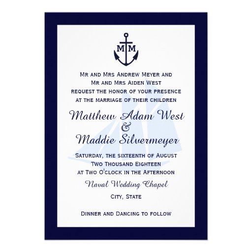 Nautical Blue Anchor Monogram Wedding Invitations