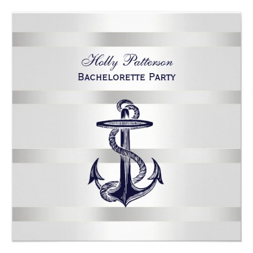 Nautical Blue Anchor Silver Wt BG SQ Bachelorette Personalized Announcements