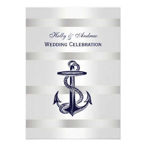 Nautical Blue Anchor Silver Wt BG V Wedding Custom Invite (front side)