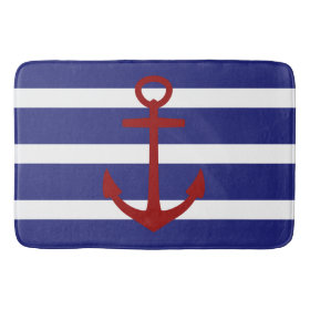 Nautical Blue and White Stripe with Red Anchor Bath Mats