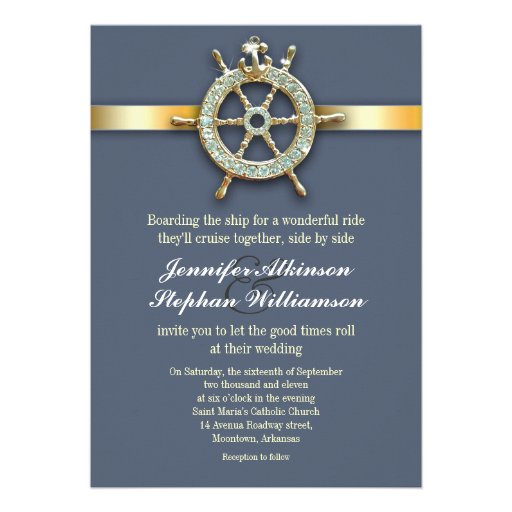 nautical blue golden wedding invitations (front side)