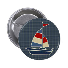 Nautical Blue, Red, Cream Sailboat Custom Pinback Buttons