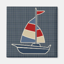 Nautical Blue, Red, Cream Sailboat Custom Fridge Magnets