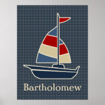 Nautical Blue, Red, Cream Sailboat Custom Poster