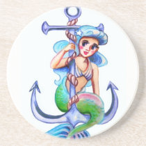Nautical Blue Retro Mermaid Lady coasters
