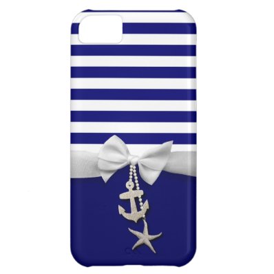 Nautical blue stripe white ribbon & charms graphic case for iPhone 5C