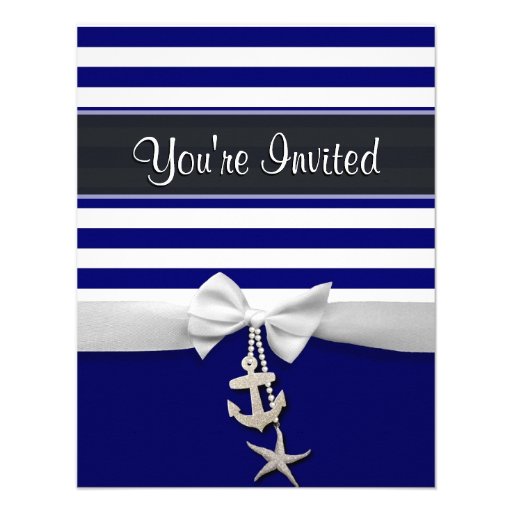 Nautical blue stripe white ribbon & charms graphic personalized invitation