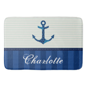 Nautical Blue Stripes Pattern Anchor Custom Name Bath Mats