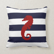 Nautical Blue Stripes Seahorse Whale Pillow
