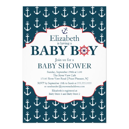 Nautical Blue & White Anchors Boys Baby Shower Personalized Invites