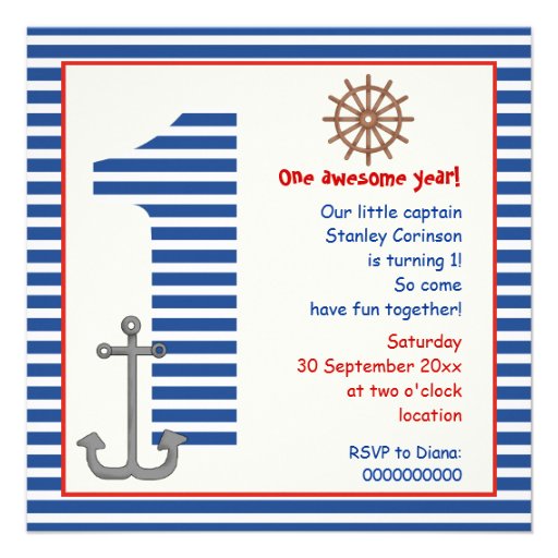 Nautical blue, white sailboat 1st birthday party custom announcements