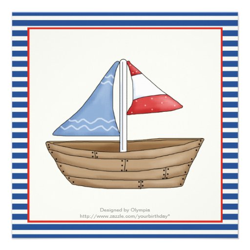 Nautical blue, white sailboat 1st birthday party custom announcements