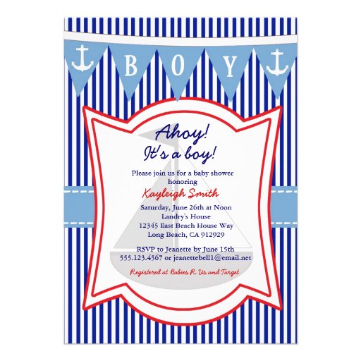Nautical Boy Baby Shower Invitation sailing Anchor (front side)