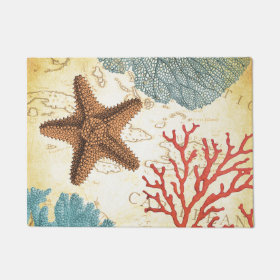 Nautical Caribbean Starfish Rustic Map and Coral Doormat