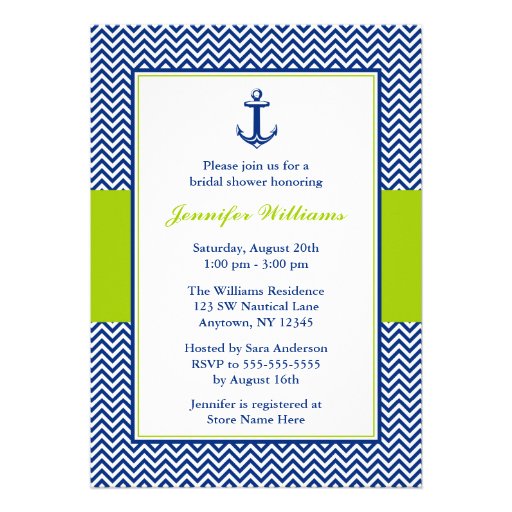 Nautical Chevron Anchor Blue Green Bridal Shower Invite