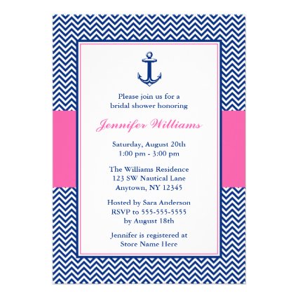 Nautical Chevron Anchor Blue Pink Bridal Shower Announcements